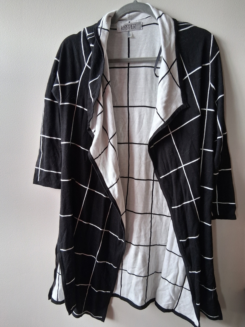 Kasper Black & White Windowpane Drape Cardigan